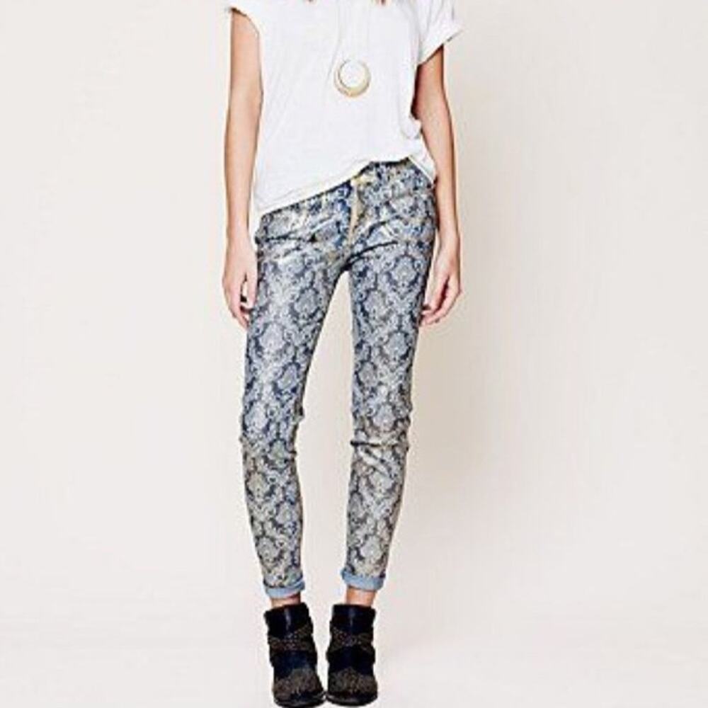 RARE Free People Damask Tapestry Gold Foil Print Skinny Jeans 27
